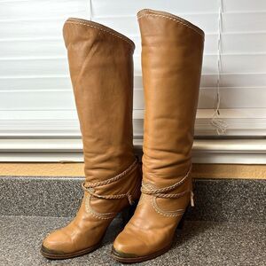 Zodiac USA Knee High Boots Cognac Faux Leather Womens Sz 7 M High Heeled Pull On